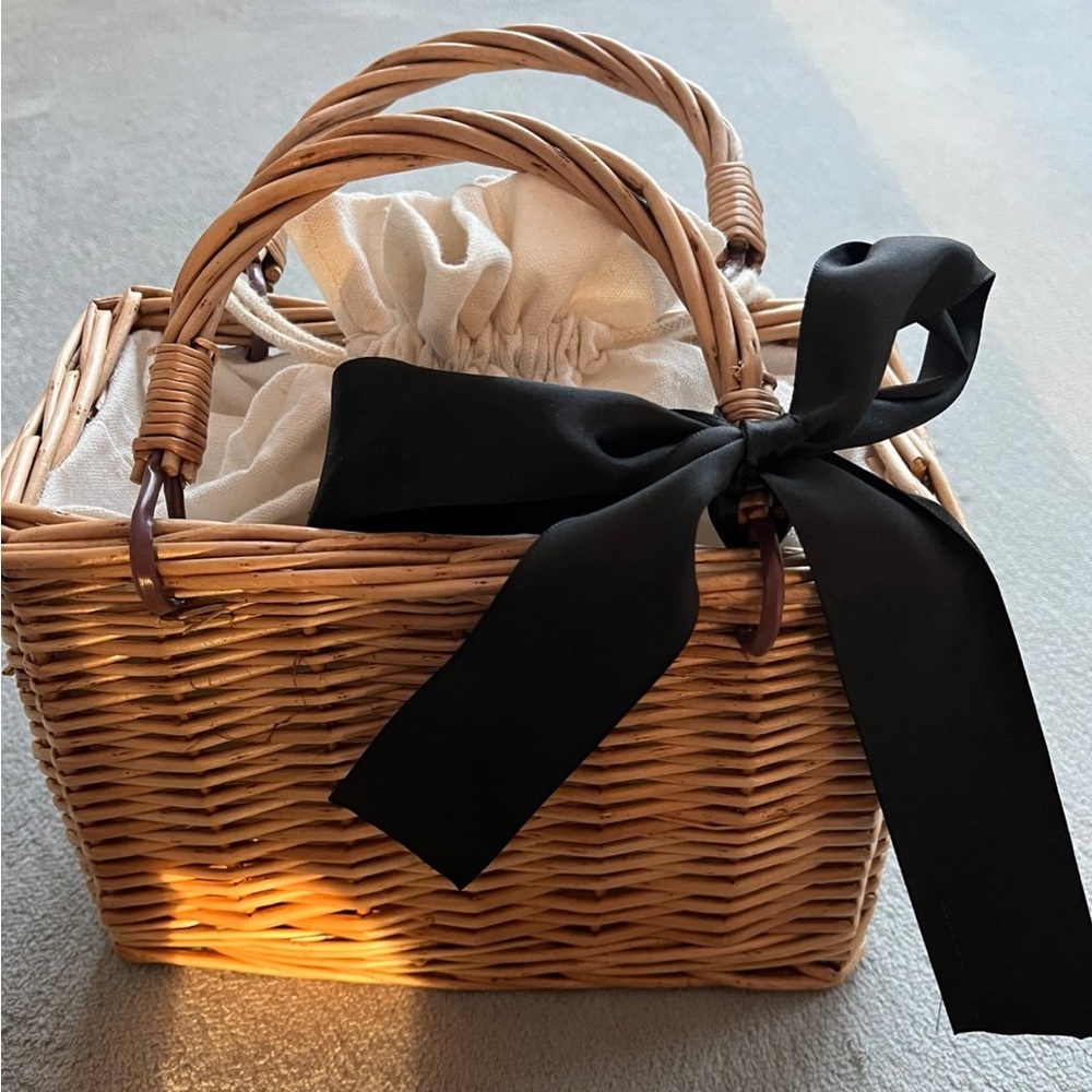 Wicker Basket Purse w/ Linen Drawstring Lining & Black Bow | Cottagecore